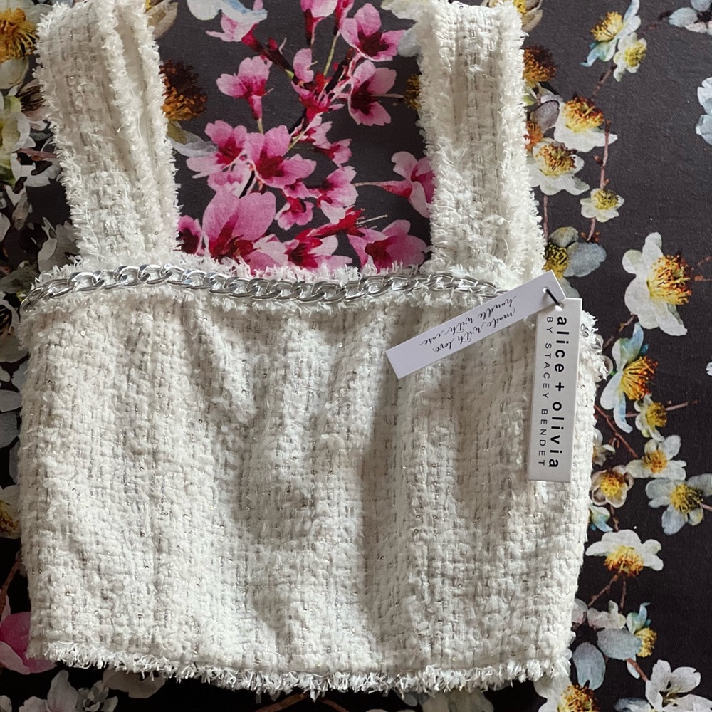 Alice + Olivia "Coralie" Chain Trimmed Frayed Tweed Crop Top 🌈BNWT🌈 - Picture 6 of 10